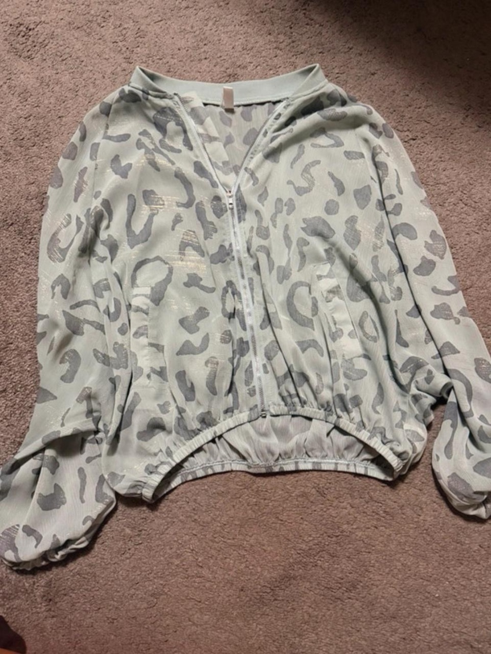 glam Light Green Leopard Print Zip Bomber Jacket